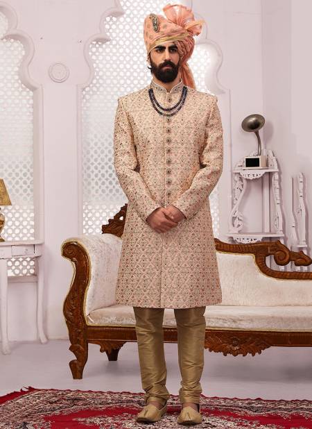 Peach Colour Wedding Wear Embroidery Work Sherwani Groom Latest Collection 9004